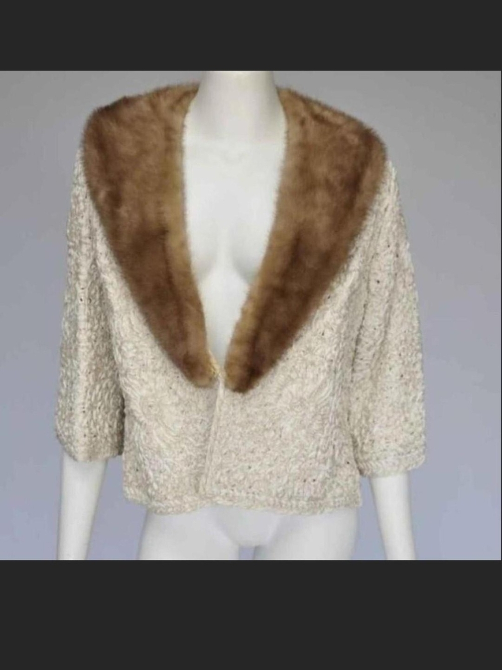 Cream Bouclé Sweater with Brown Faux-Fur Shawl Collar